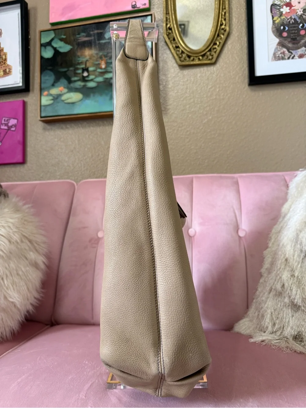 💯Authentic Gucci SOHO Pebbled Tan Leather Hobo Bag Shoulder Bag w Tassel